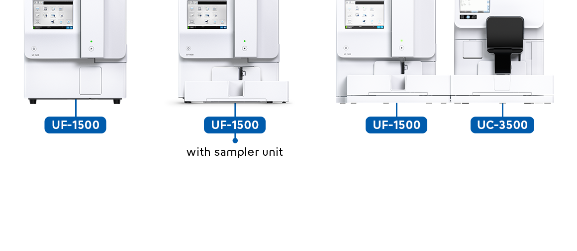 Find your perfect match: The standalone UF-1500, The UF-1500 + sampler unit, the UF-1500 + UC-3500 An image illustrating the three main different ways you can customise the UF-1500. Features three main images. An image of the Uf-1500, the UF-1500 + sampler unit, and the UF-1500 + UC-3500.