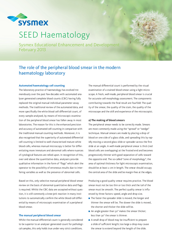 SEED Haematology  - The role of the peripheral blood smear in the modern haematology laboratory.